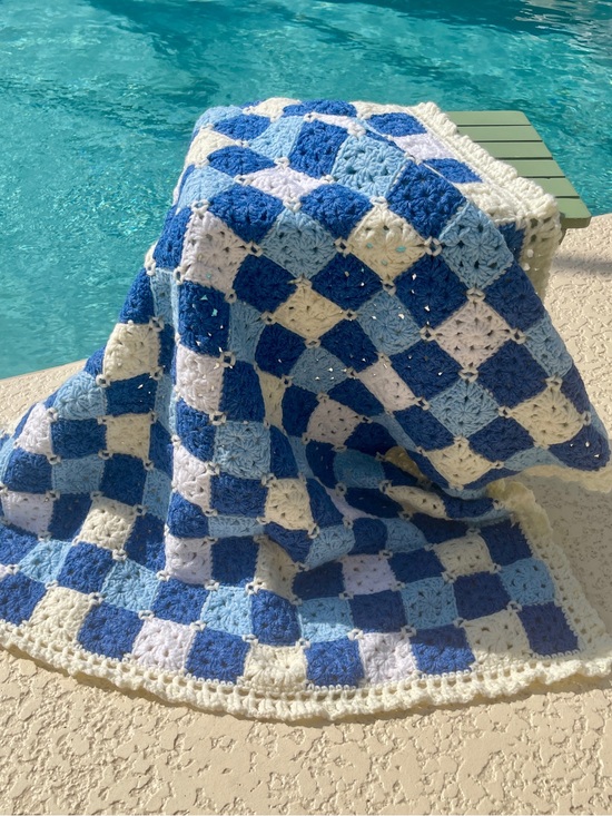 Handmade Other - Handmade Crochet Checkerboard Baby Blanket, Navy/Blue/White, Acrylic, 36” x 36”